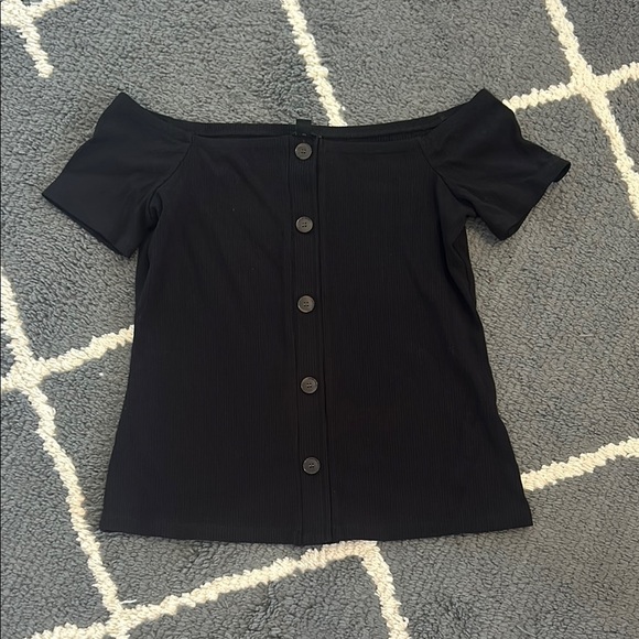 Ann Taylor Black Off-Shoulder Ribbed Button-Down Top - Picture 1 of 4